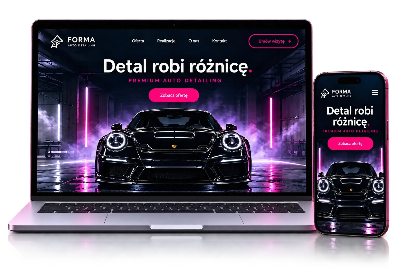 Projekt strony internetowej dla studia autodetailingu na laptopie i telefonie