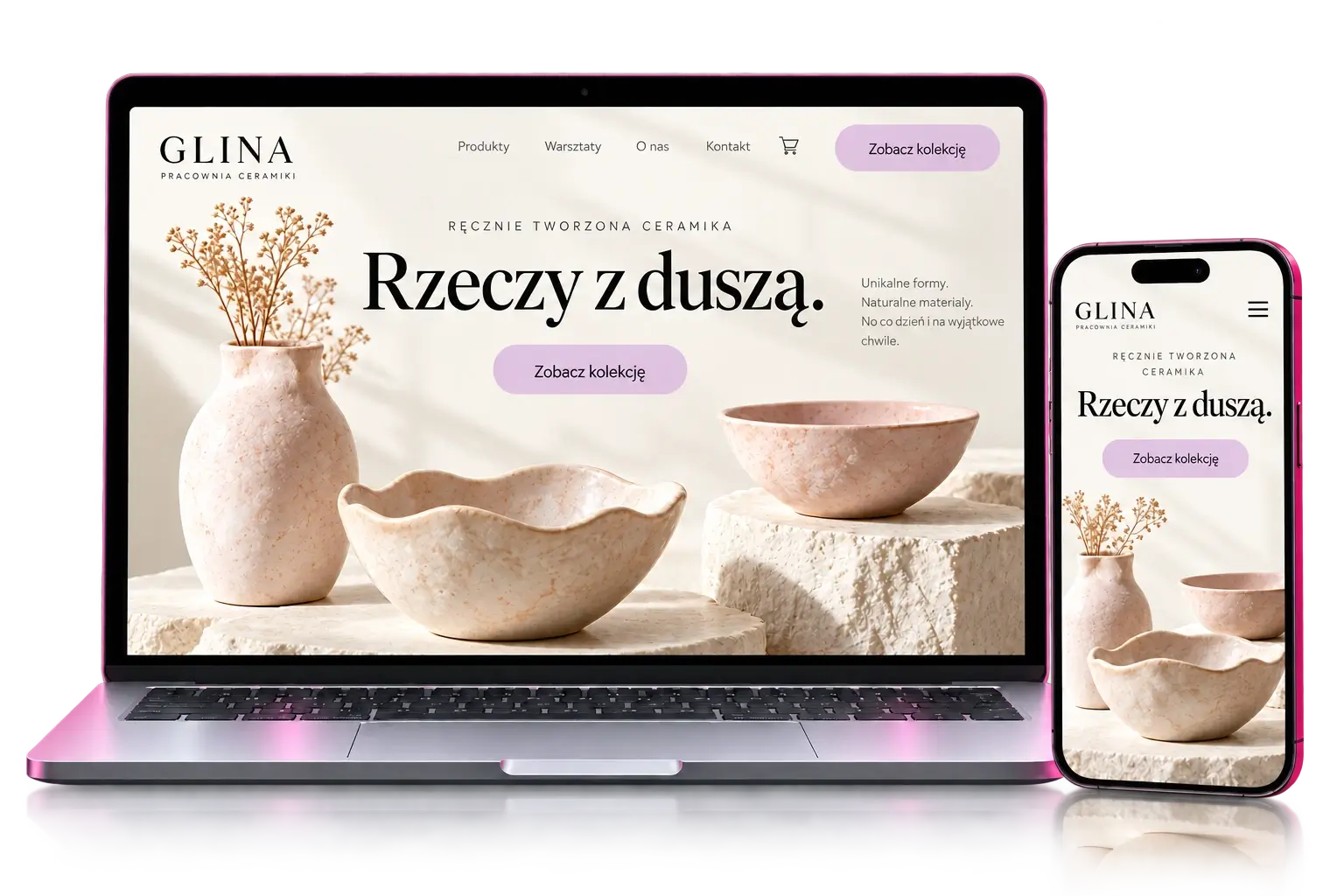 Projekt strony internetowej dla pracowni ceramiki na laptopie i telefonie