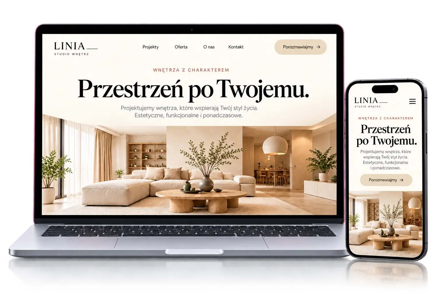 Projekt strony internetowej dla pracowni projektowania wnętrz na laptopie i telefonie