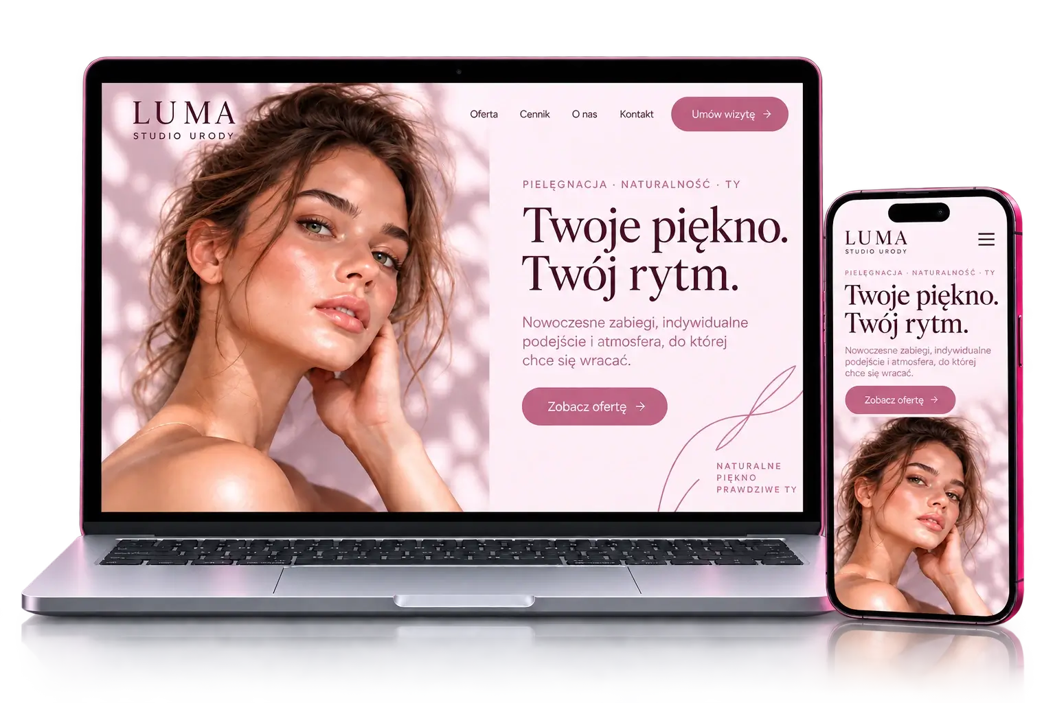 Projekt strony internetowej dla studia urody na laptopie i telefonie